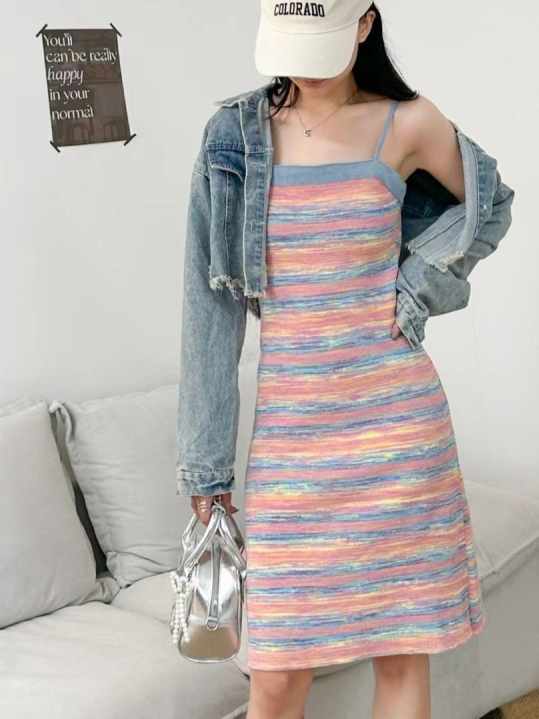

KPOP Women Striped Shoulder Straps Knee Length Sheath Dress, Pink