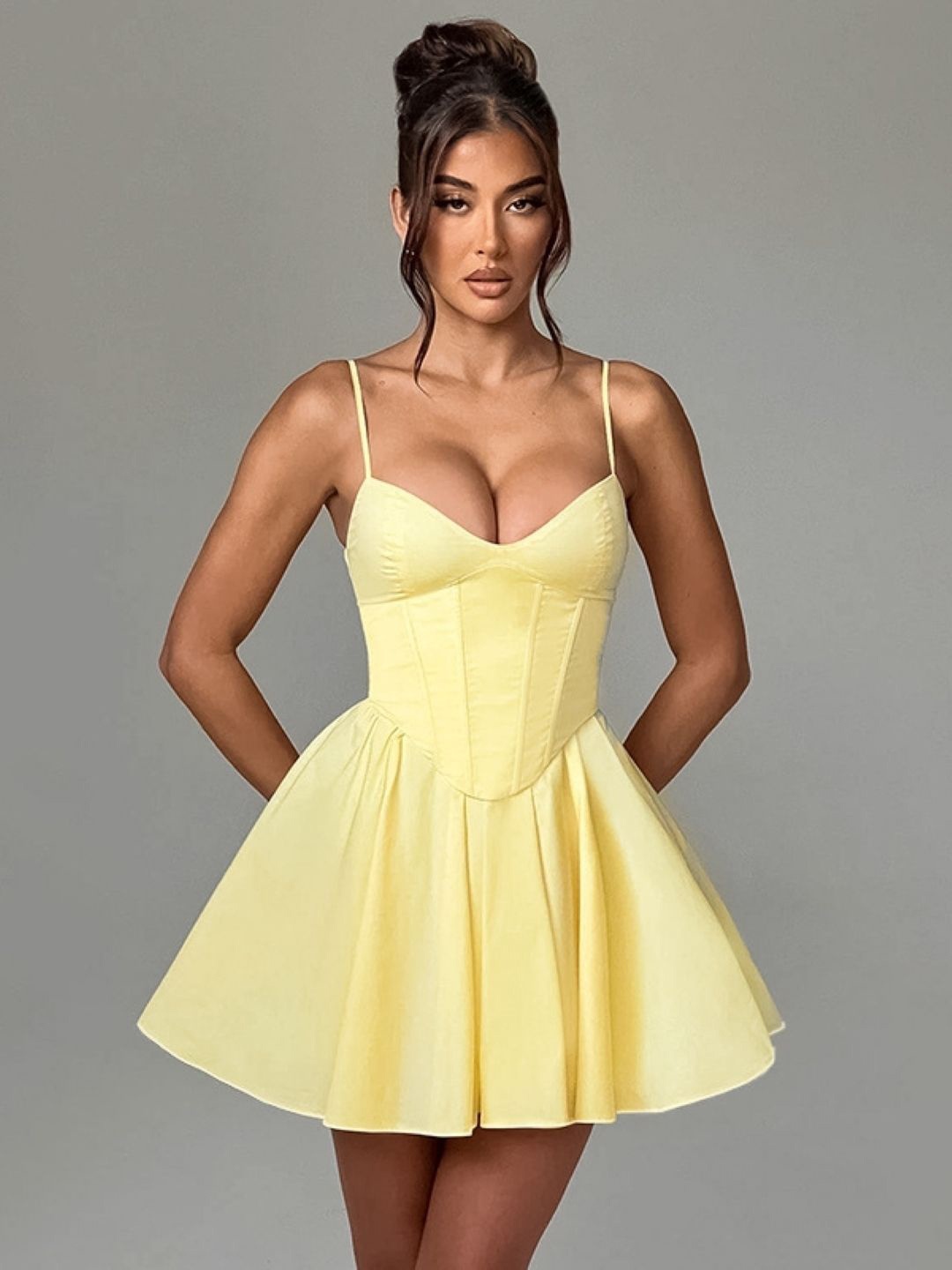 

KPOP Women Shoulder Straps Sleeveless Fit and Flare Dress, Yellow