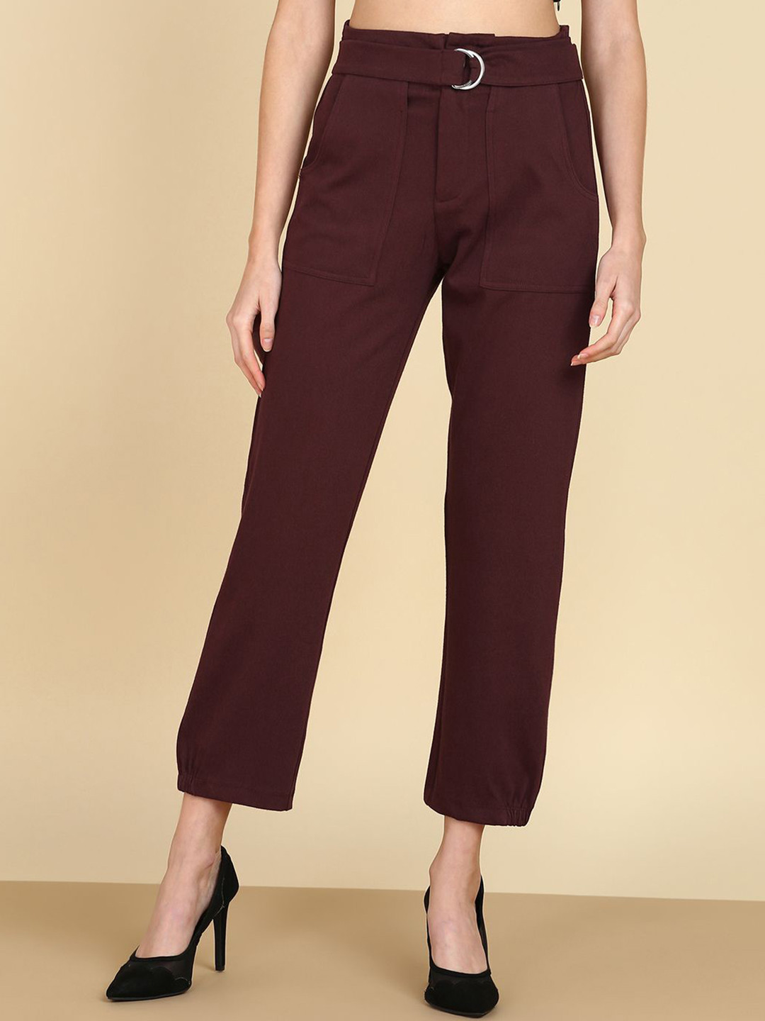

SAFFE Women Textured Original Flared Regular Trousers, Red