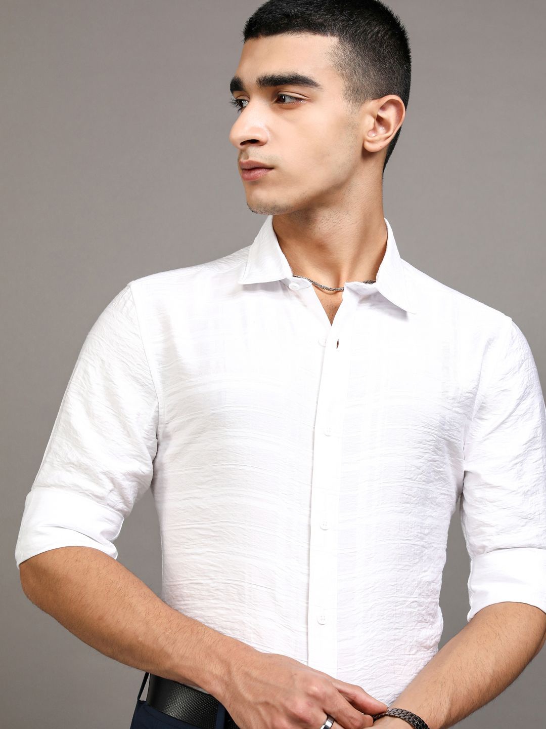

HIGHLANDER Men Jacquard Textured Checked Occasion Shirt, White