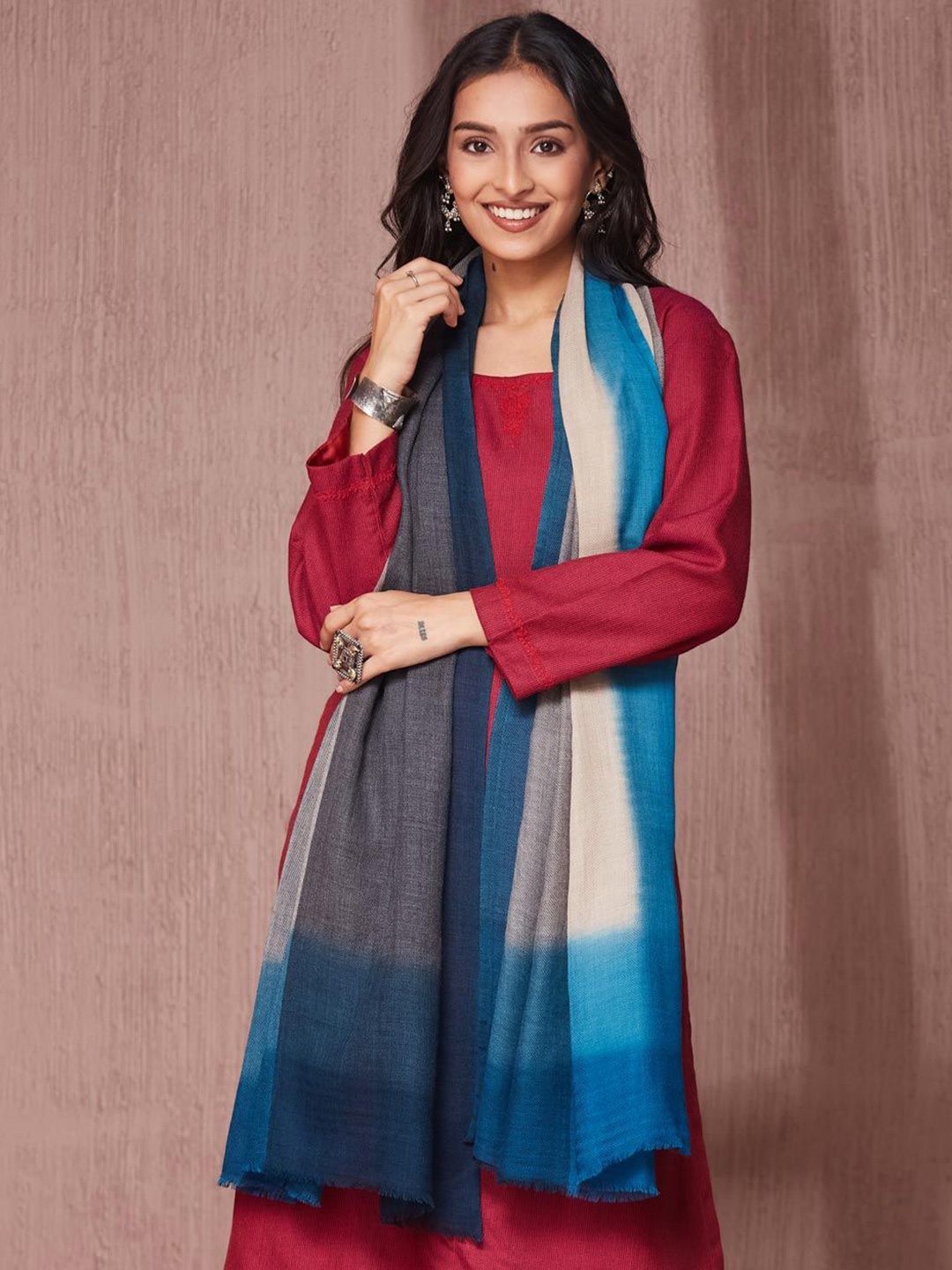 

Fabindia Women Colourblocked Wool Stole, Turquoise blue