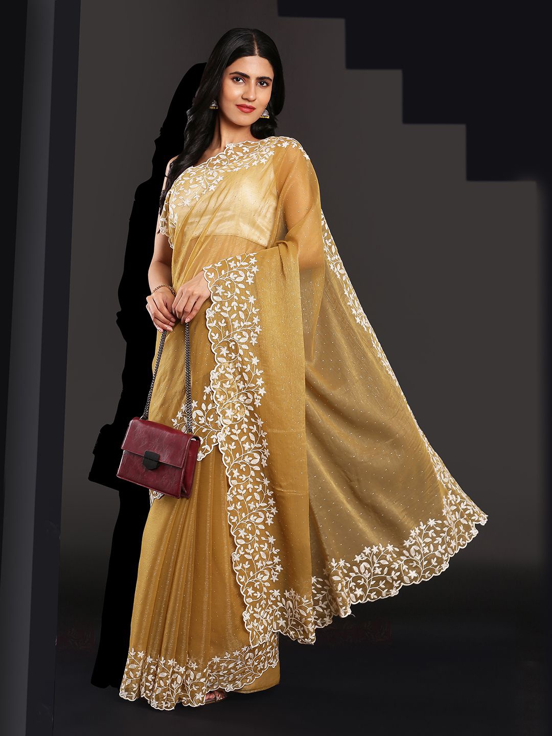 

Kalyan Silks Woven Design Embroidered Organza Jamdani Saree, Yellow