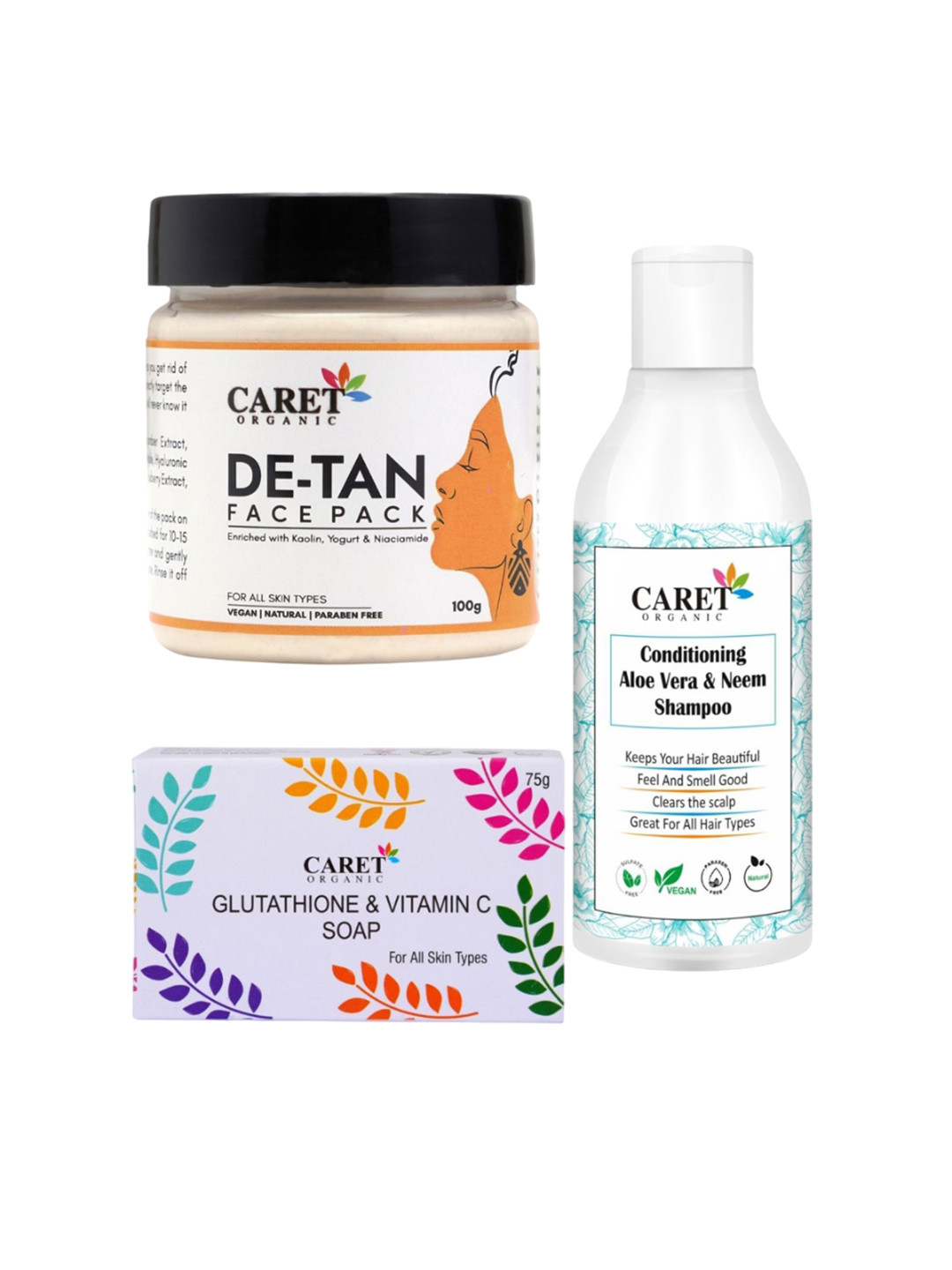 

CARET ORGANIC Set Of 3 Face Pack With Shampoo & Soap - 100g & 250ml & 75g, White