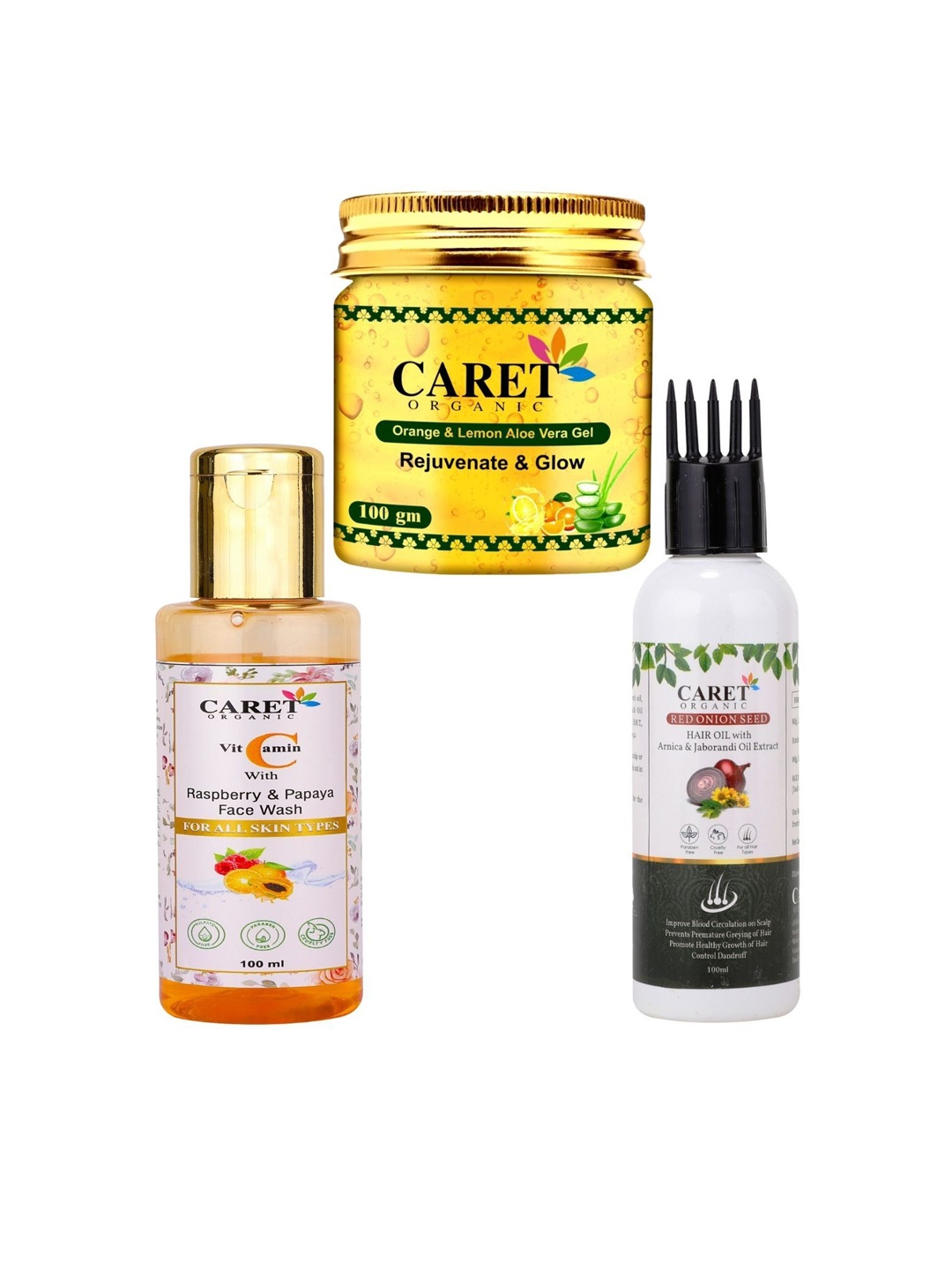 

CARET ORGANIC Set Of 3 Orange Aloevera Gel With Red Onion Seed Hair Oil & Papaya Face Wash, White