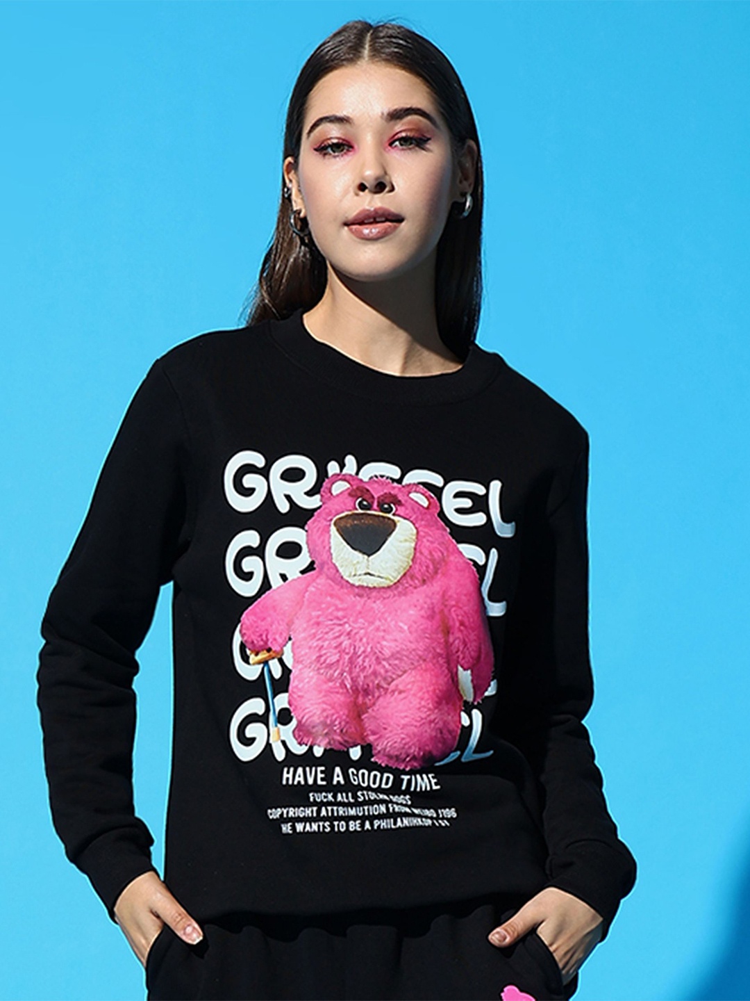 

GRIFFEL Women Round Neck Long Sleeves Graphic Printed Sweatshirt, Black