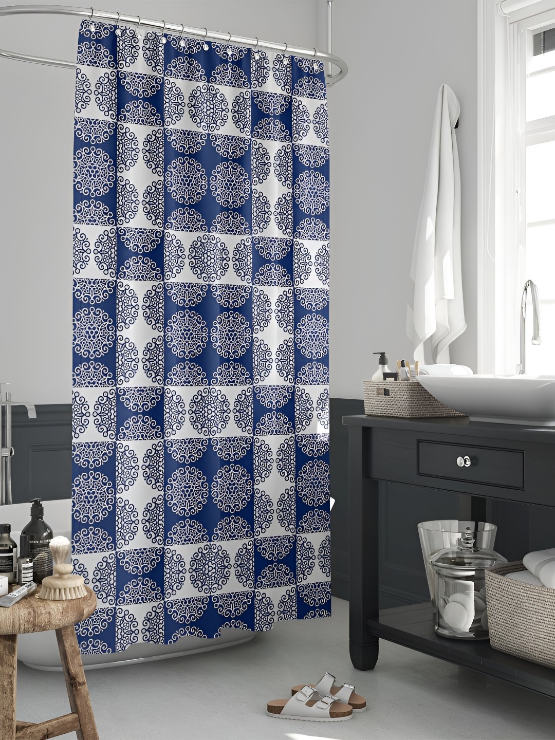 

ArtzFolio White & Blue Ethnic Motifs Printed Waterproof Shower Curtain