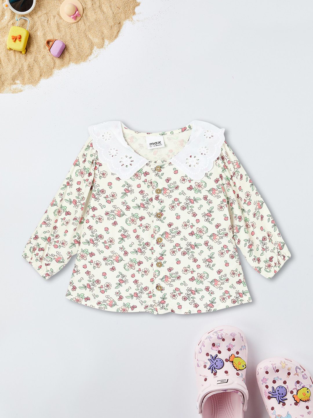 

max Girls Conversational Printed Peter Pan Collar Top, Beige