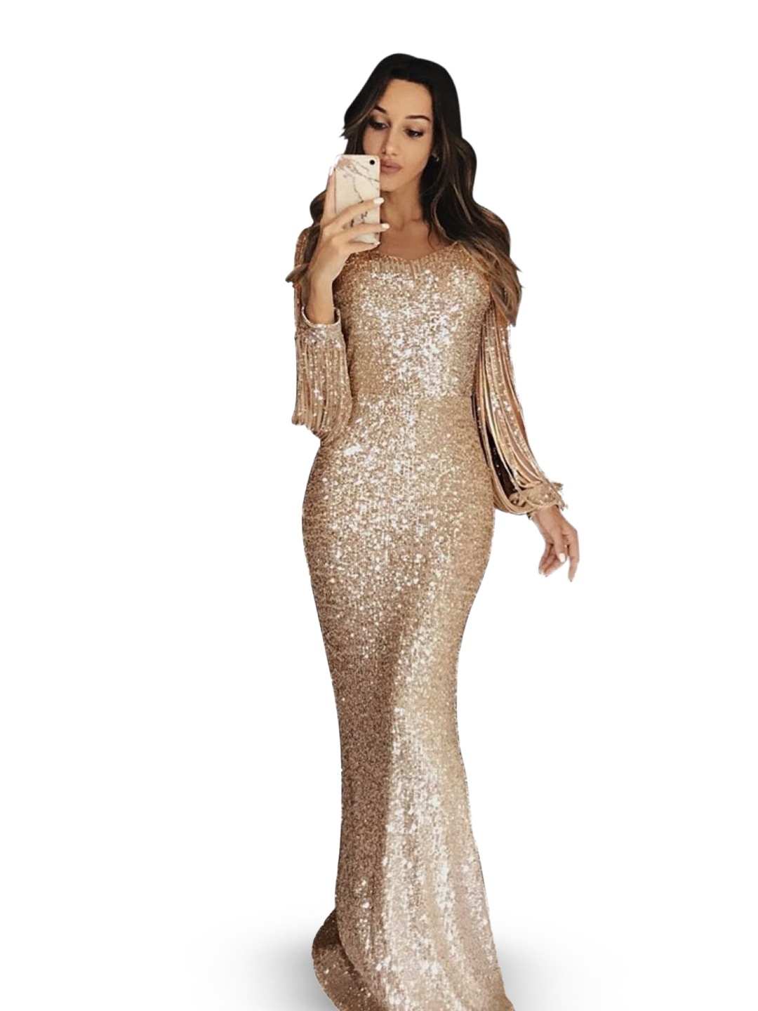 

HERE&NOW Women Puff Sleeve Bodycon Maxi Dress, Gold