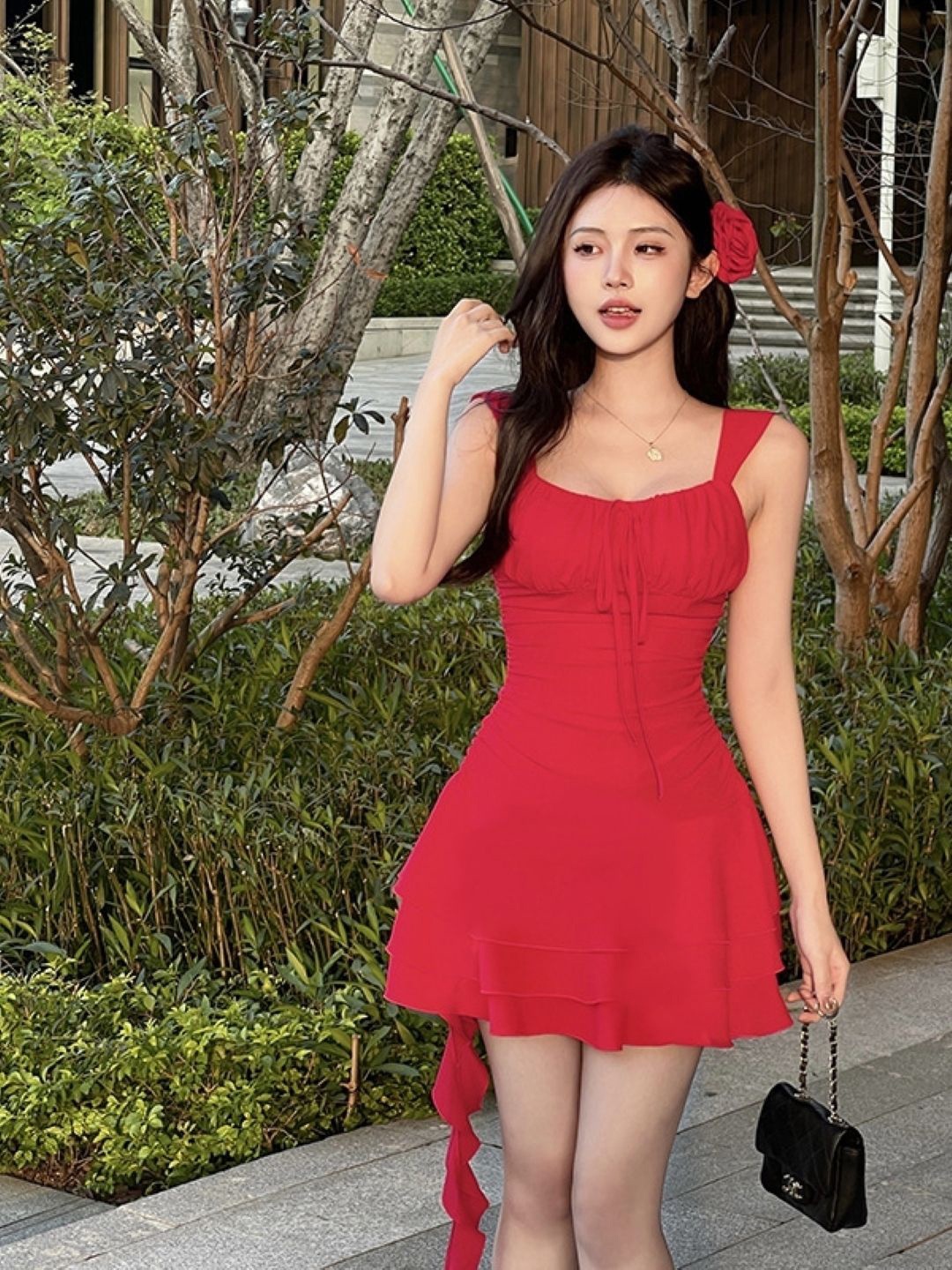 

KPOP Women Shoulder Straps Sleeveless Above Knee A-Line Dress, Red