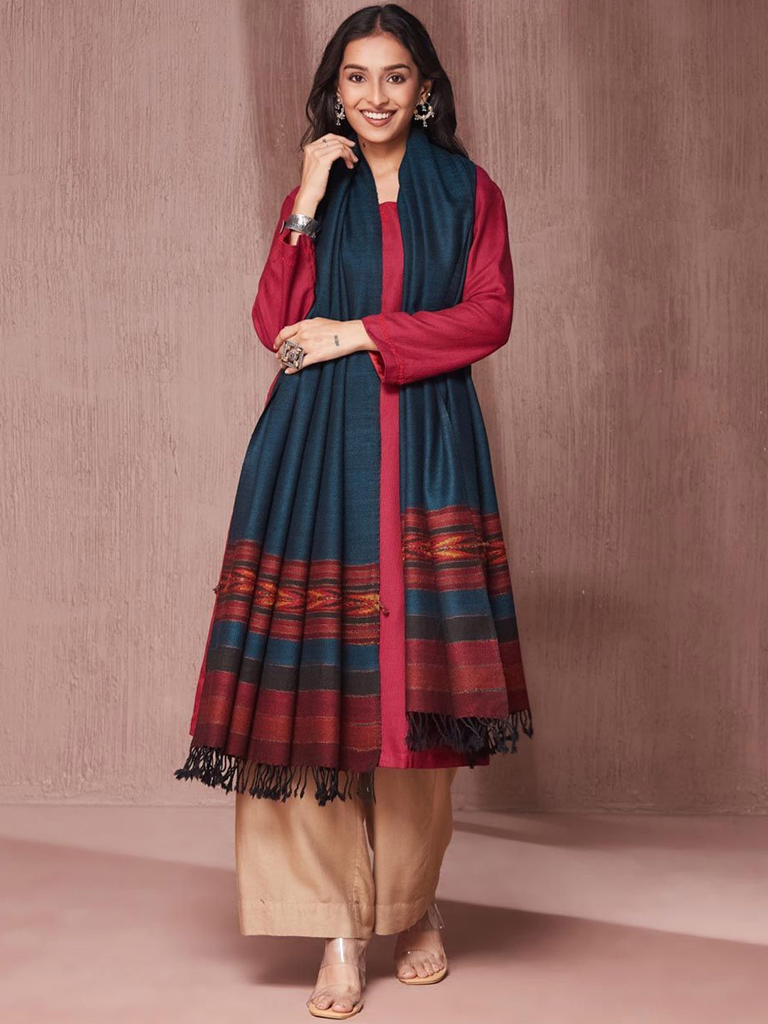 

Fabindia Striped Woven Design Tasselled Woollen Shawl, Teal