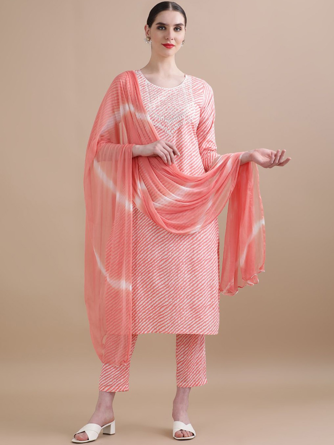 

Jaipur Kurti Pink Leheriya Printed Thread Work Pure Cotton Kurta with Trouser & Dupatta