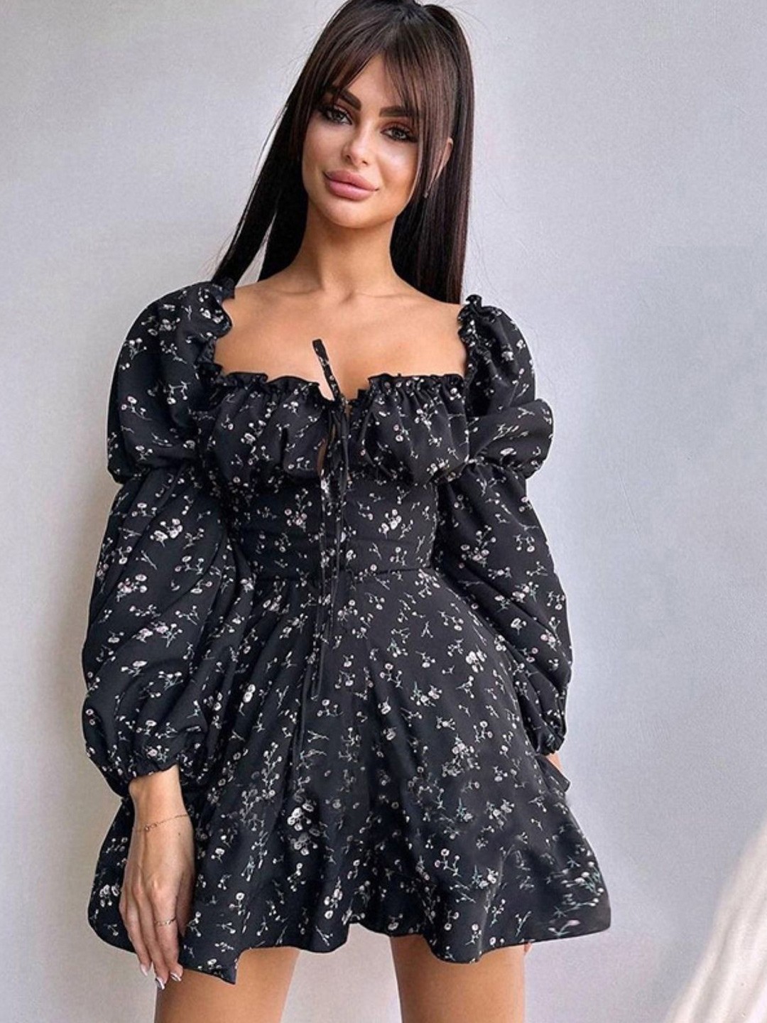 

KPOP Women Floral Printed Square Neck Puff Sleeve Dress, Black