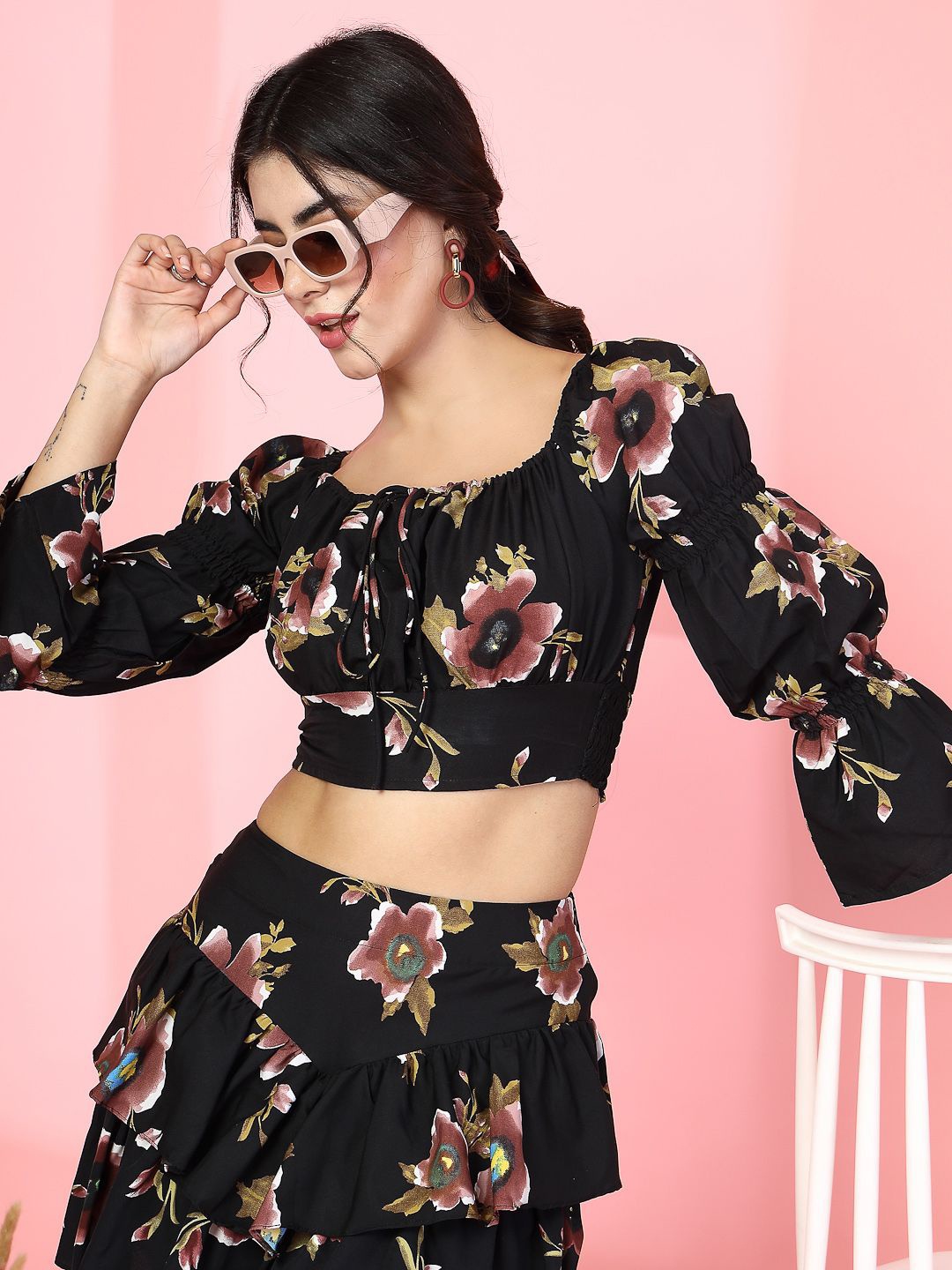 

Oomph! Floral Print Square Neck Bell Sleeve Blouson Crop Top, Black
