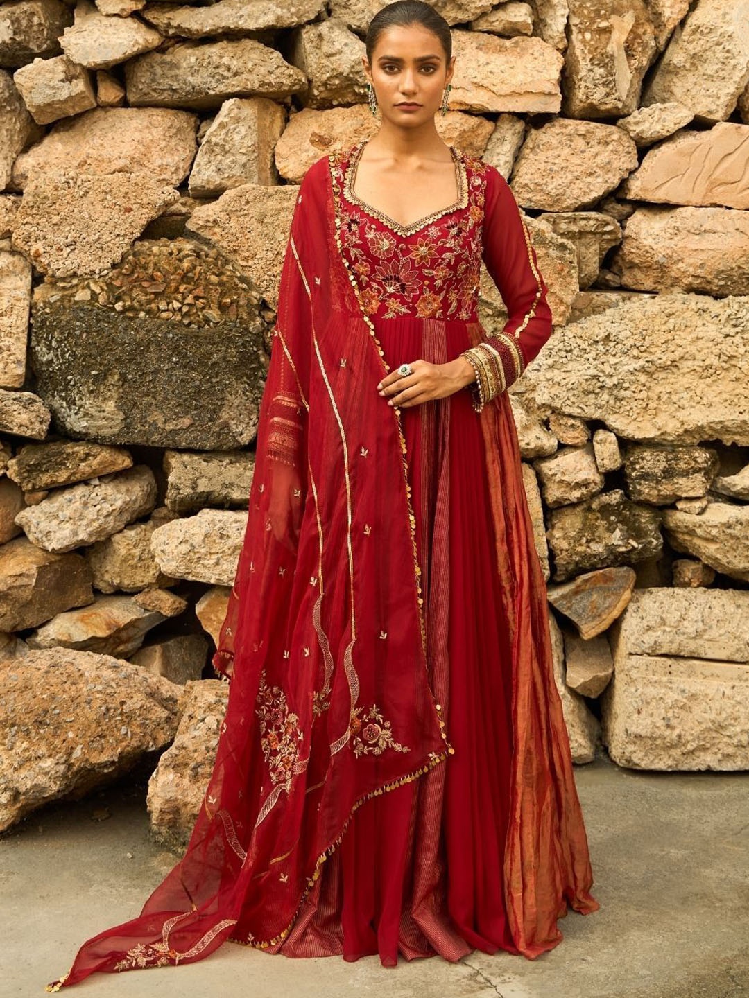 

Shreeka Floral Embroidered Sweetheart Neck Long Sleeves Georgette Ethnic Dress & Dupatta, Red