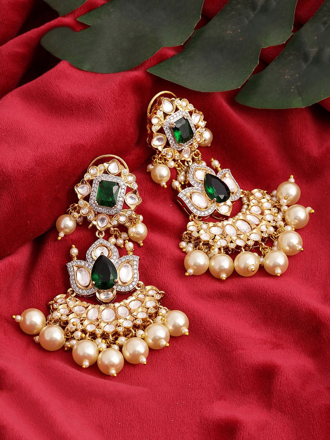 

Ruby Raang Gold-Plated Kundan Studded Contemporary Drop Earrings
