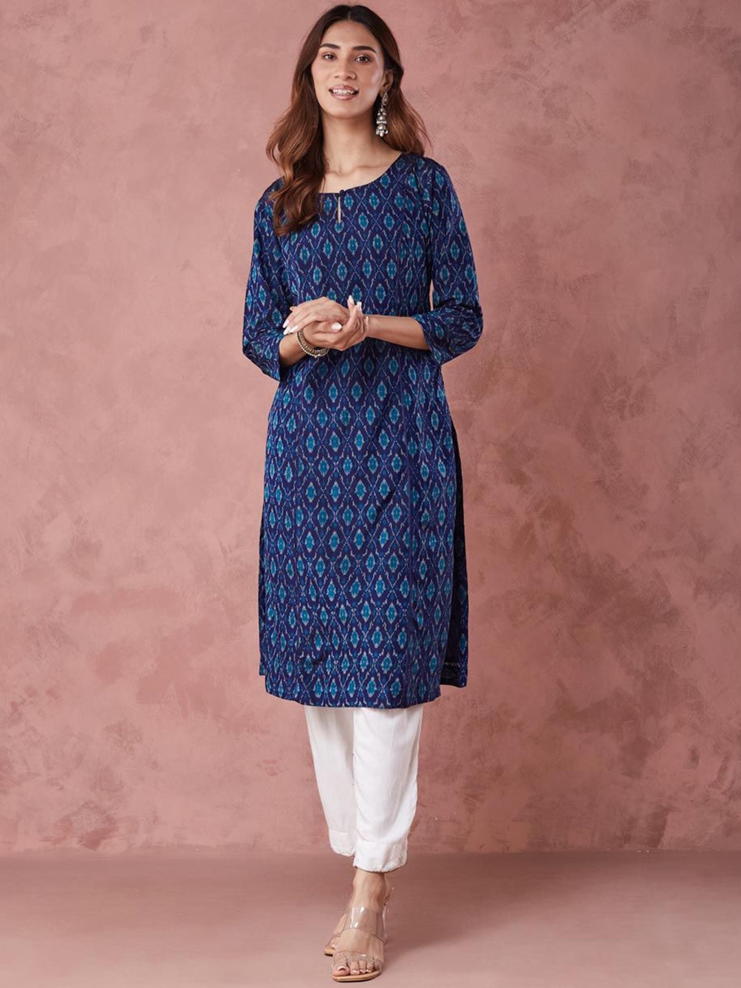 

Fabindia Ikat Woven Design Cotton Silk Straight Kurta, Navy blue