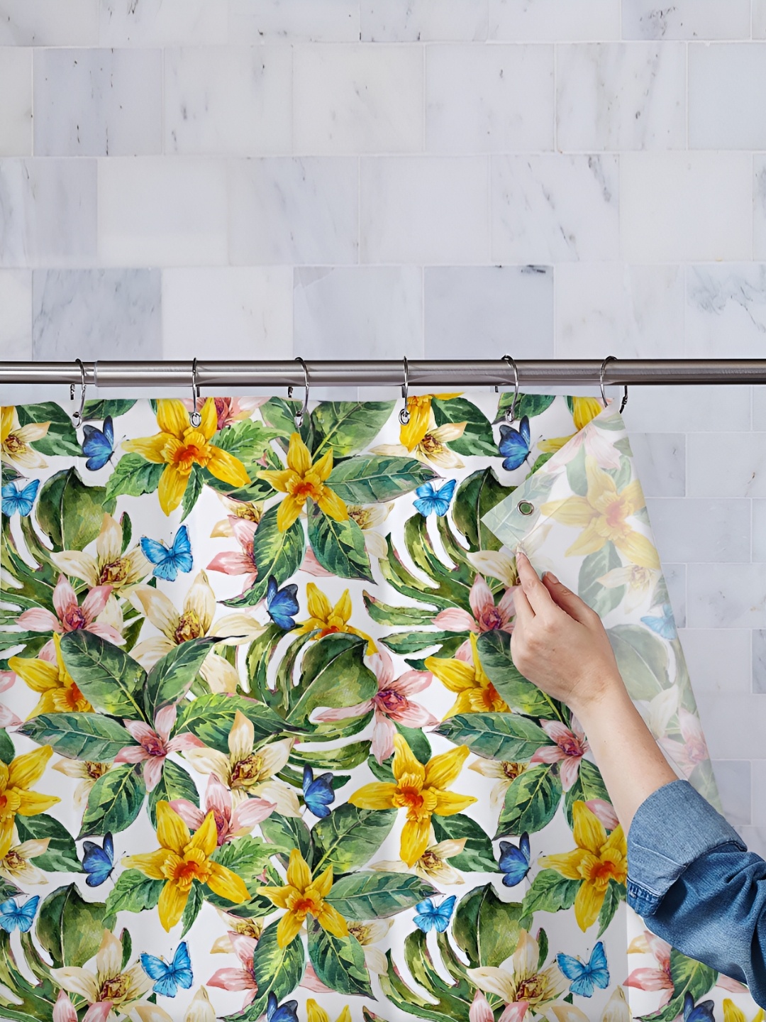 

ArtzFolio White & Green Printed Waterproof Shower Curtain