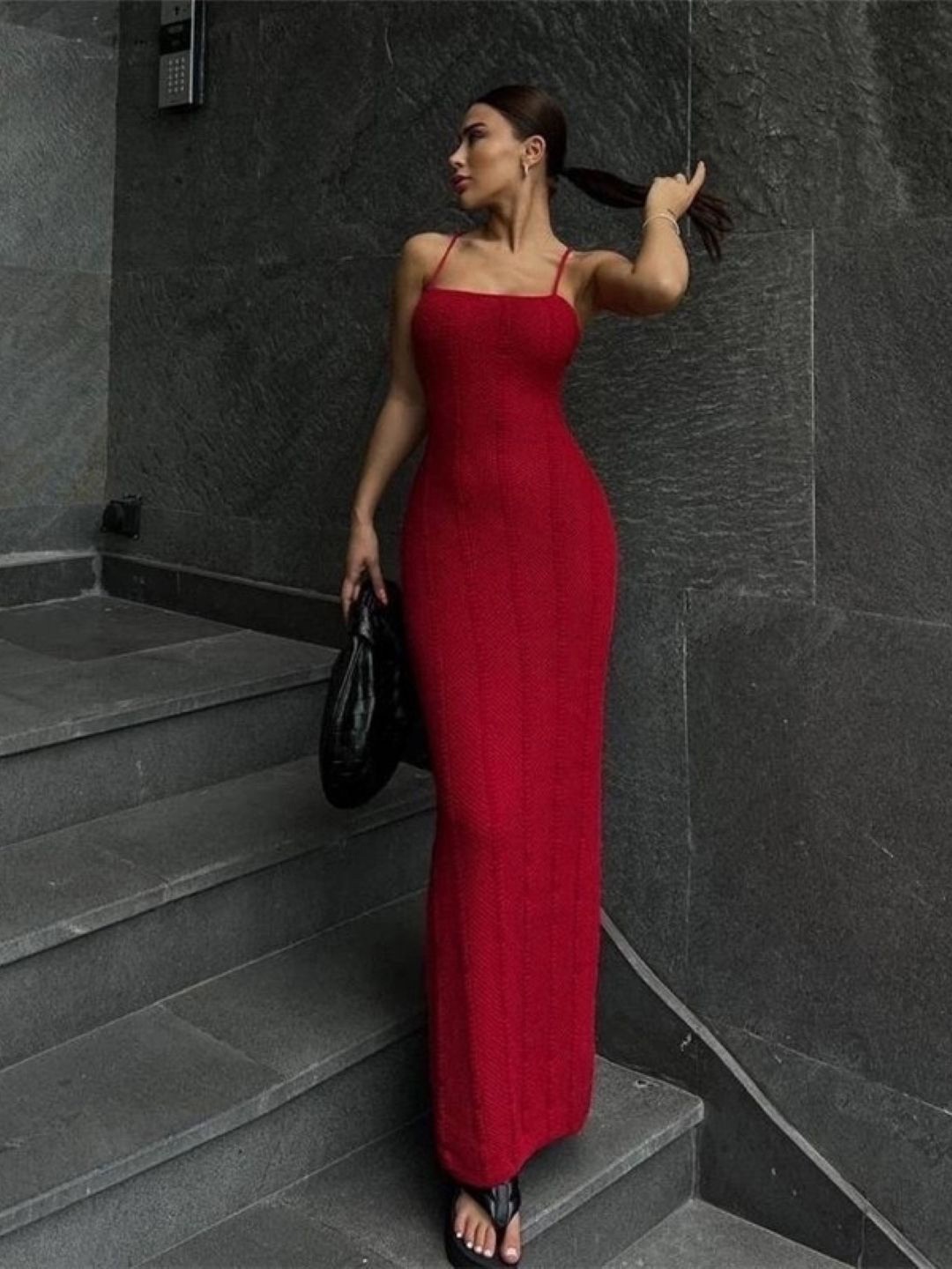 

HERE&NOW Women Shoulder Straps Bodycon Maxi Dress, Red