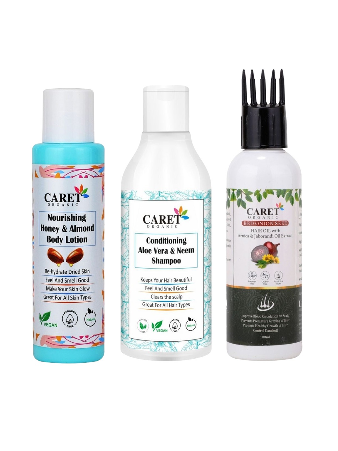 

CARET ORGANIC Set of 3 Body Lotion, Hair Oil & Aloevera Neem Shampoo, White