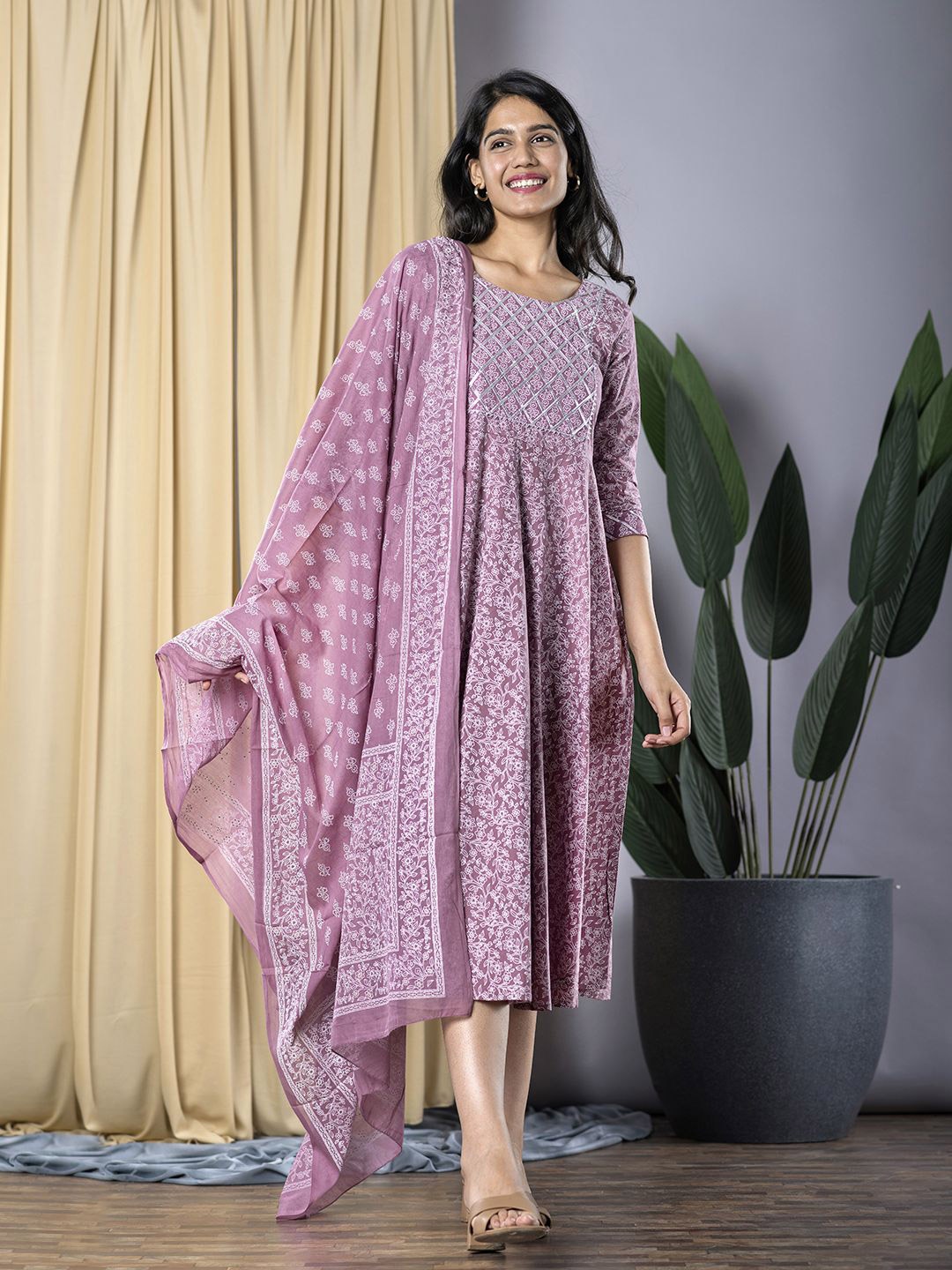 

KALINI Women Ethnic Motifs Print Cotton Fit & Flare Midi Dress with Dupatta, Mauve