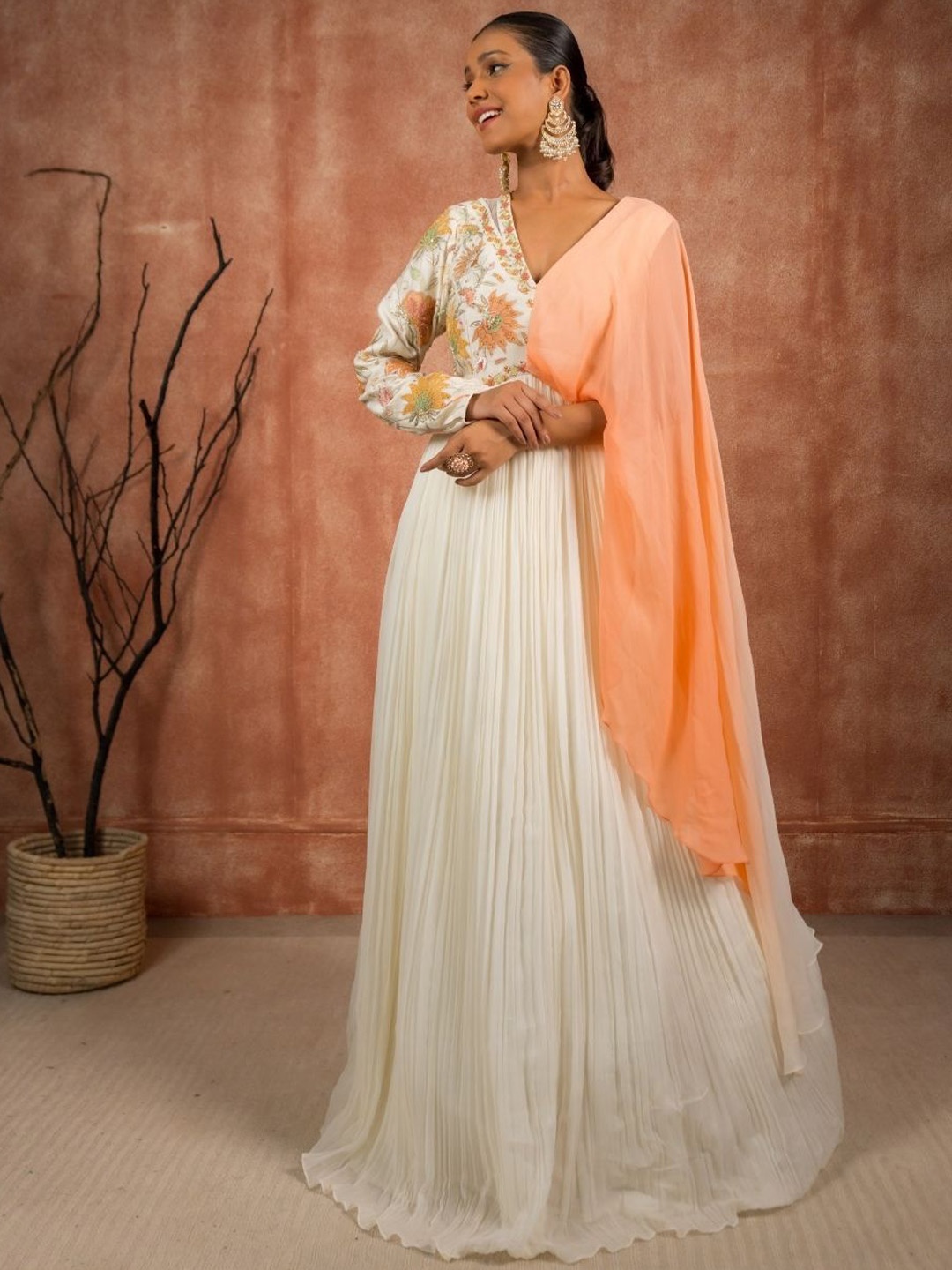 

Shreeka V-Neck Floral Embroidered Georgette Fit and Flare Ethnic Dress, White