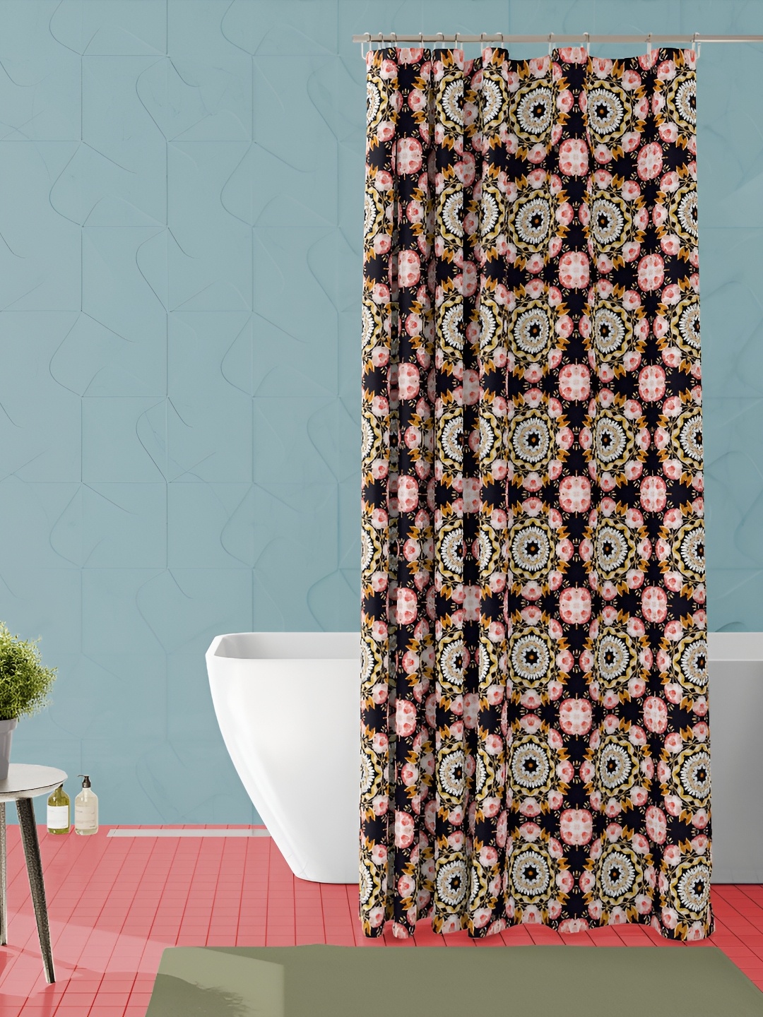 

ArtzFolio Peach Colored & Black Printed Waterproof Shower Curtain