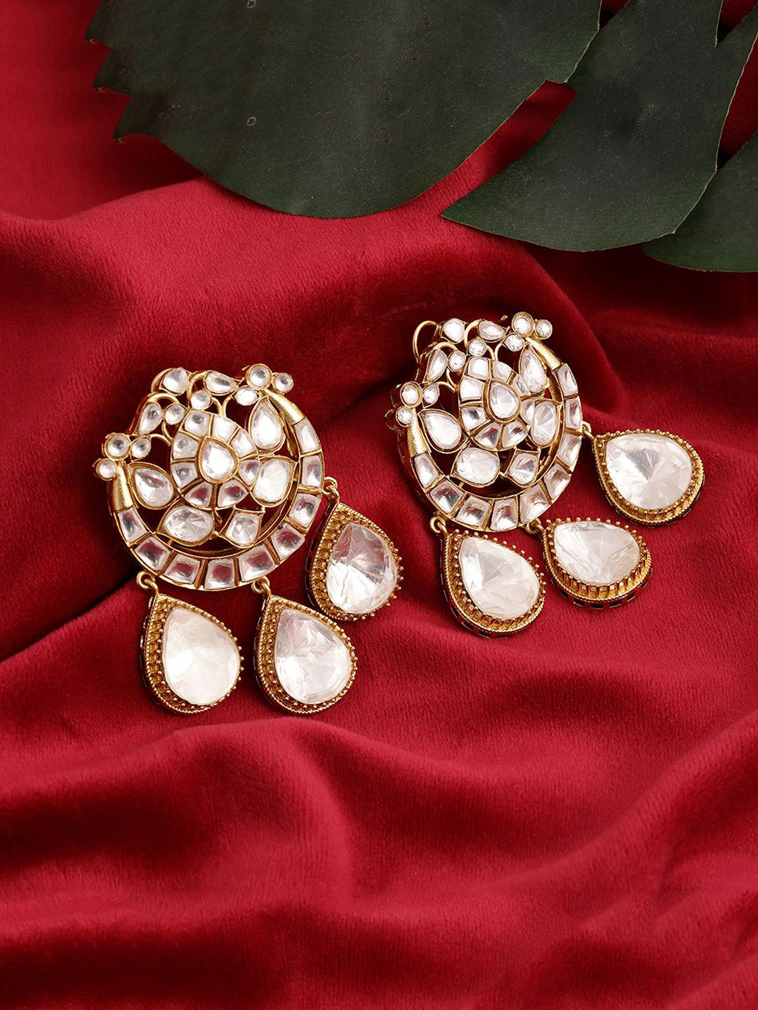 

Ruby Raang Gold-Plated Kundan Studded Contemporary Drop Earrings