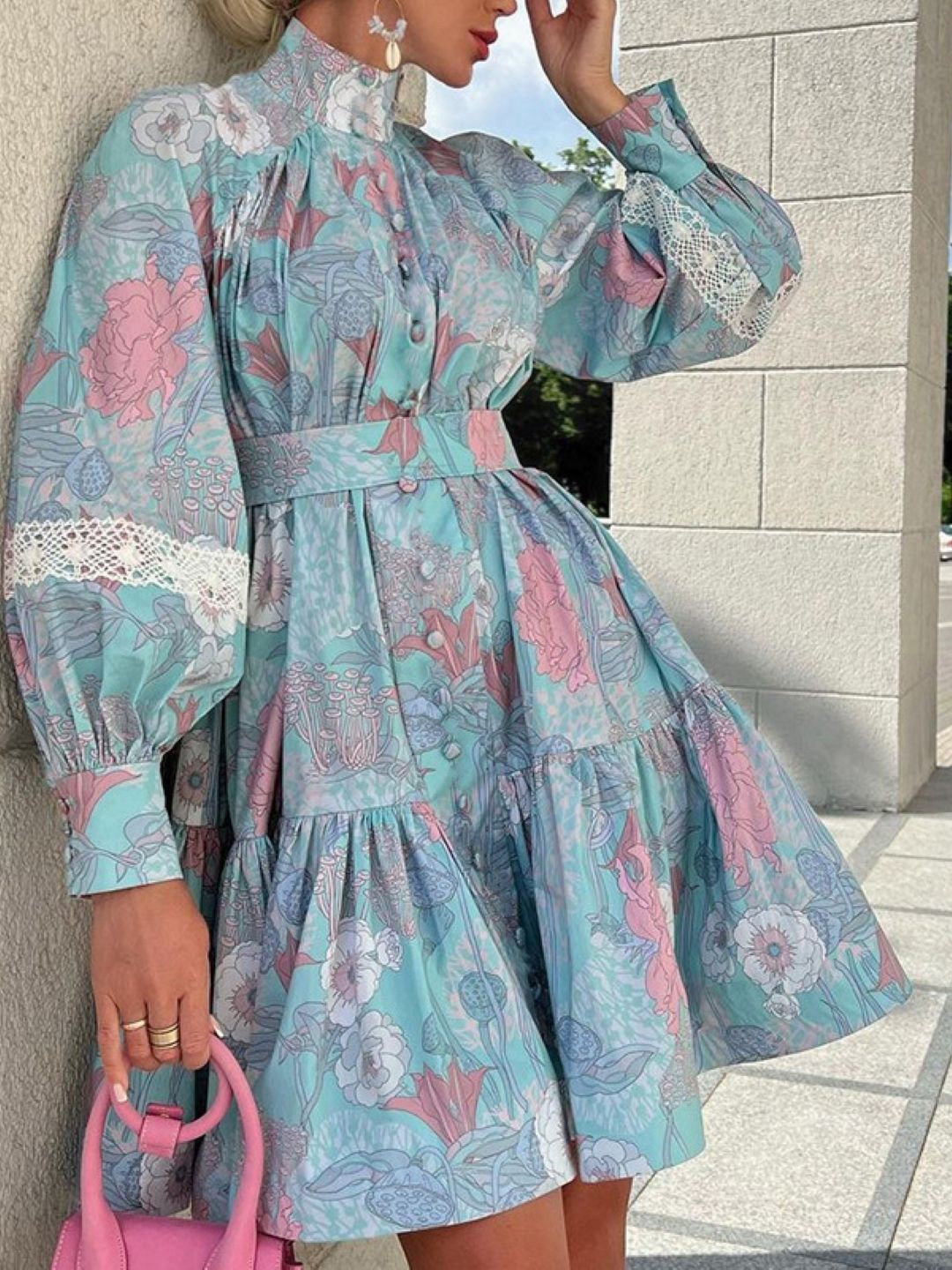 

StyleCast Women Floral Print Halter Neck Puff Sleeve A-Line Dress, Blue