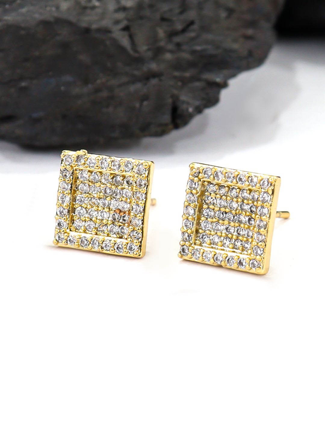 

VAGHBHATT Men Gold-Plated Stainless Steel Cubic Zirconia Stone Studded Square Studs