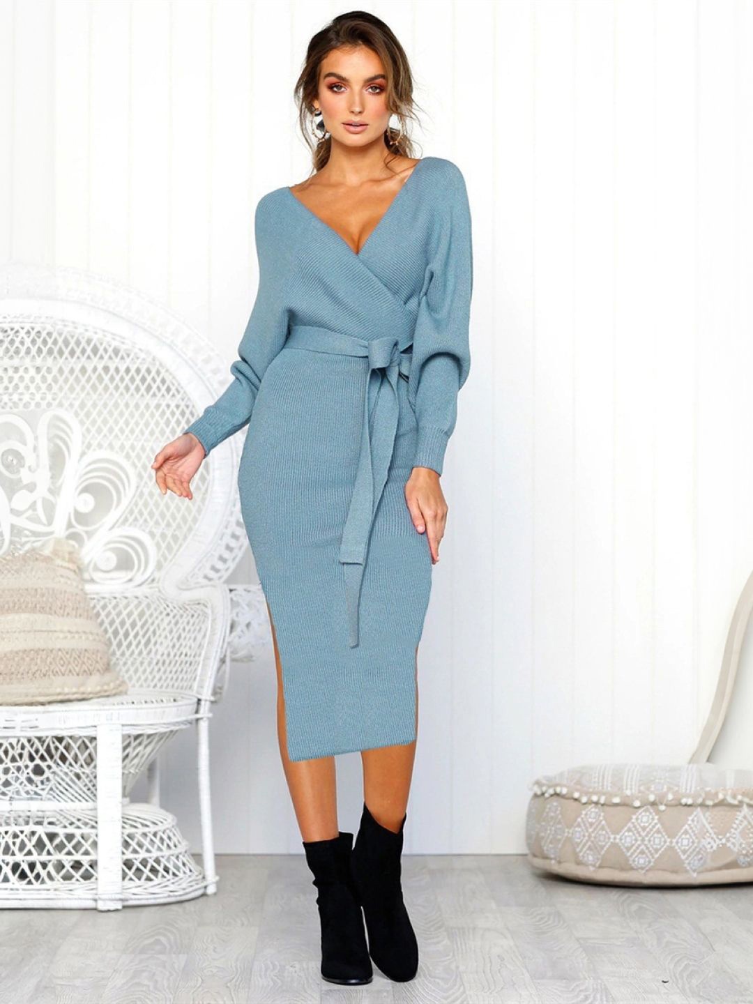 

StyleCast V-Neck Long Sleeves Wrap Midi Dress With Tie-Ups, Blue