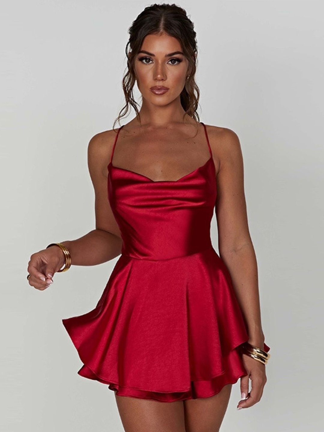

KPOP Women Shoulder Straps Fit and Flare Mini Dress, Red