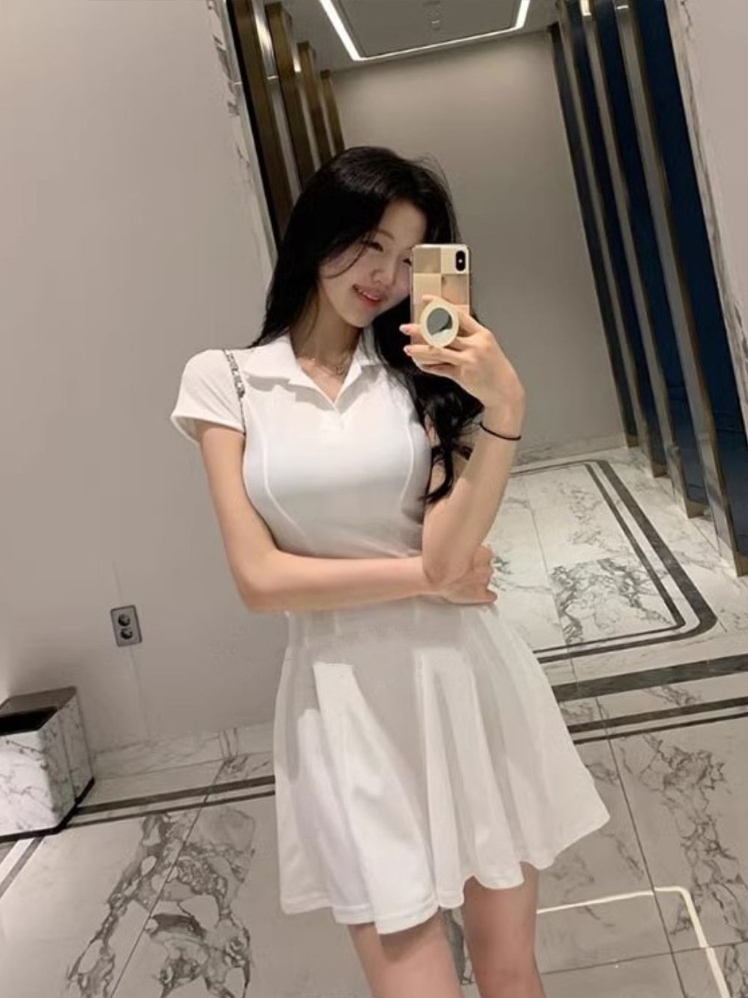 

KPOP Women Shirt Collar Above Knee Short Sleeves A-Line Dress, White