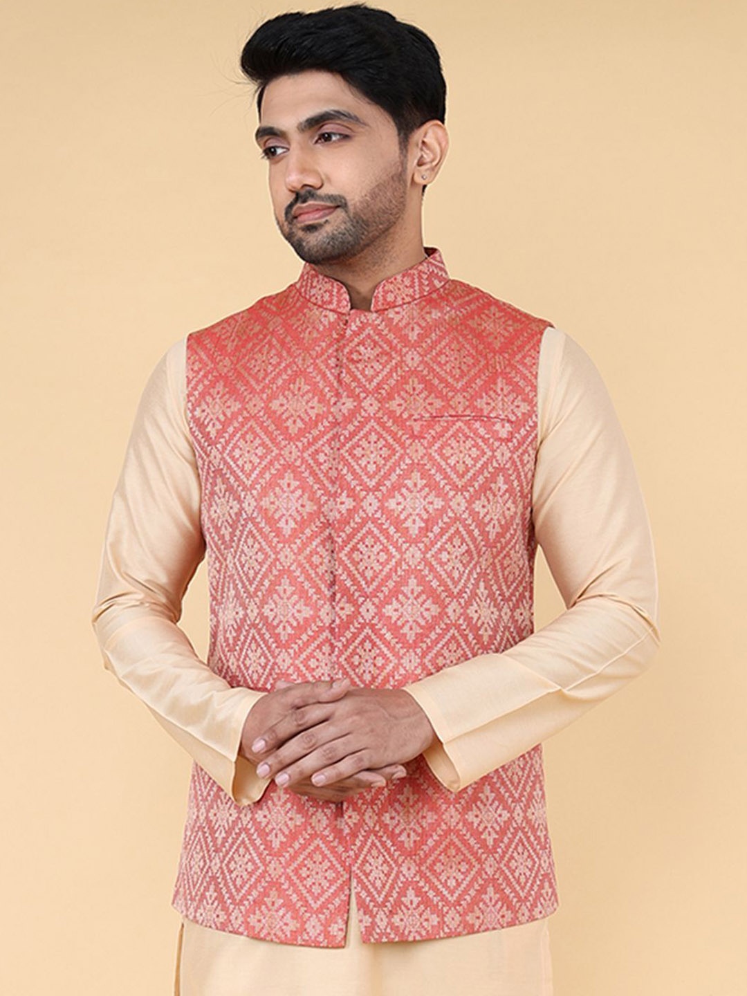 

ZOIS Men Woven Design Mandarin Collar Nehru Jacket, Pink