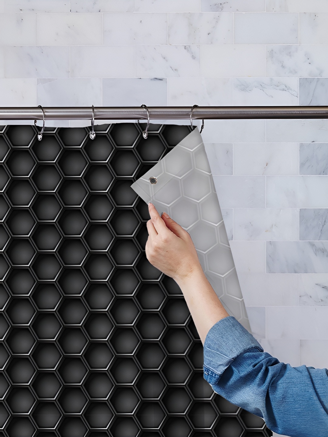 

ArtzFolio Black & Grey Printed Waterproof Shower Curtains