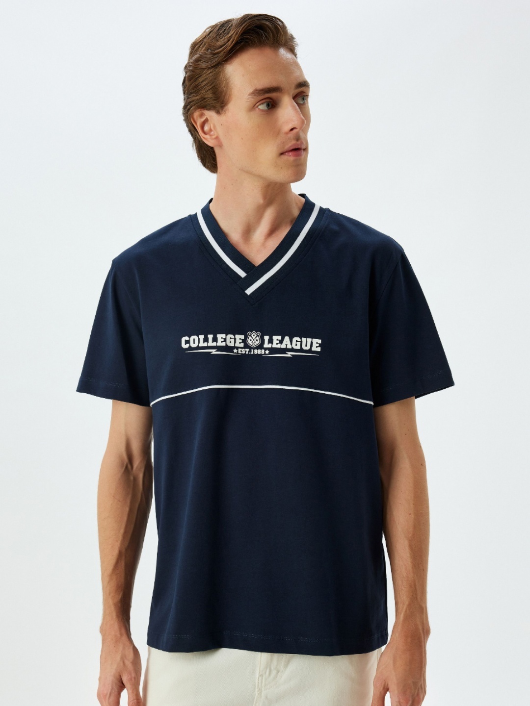 

Koton Men Typography Printed V-Neck Cotton T-shirt, Navy blue