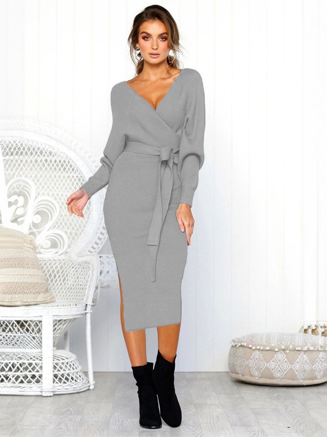 

StyleCast Women V-Neck Midi Long Sleeves Wrap Dress, Silver