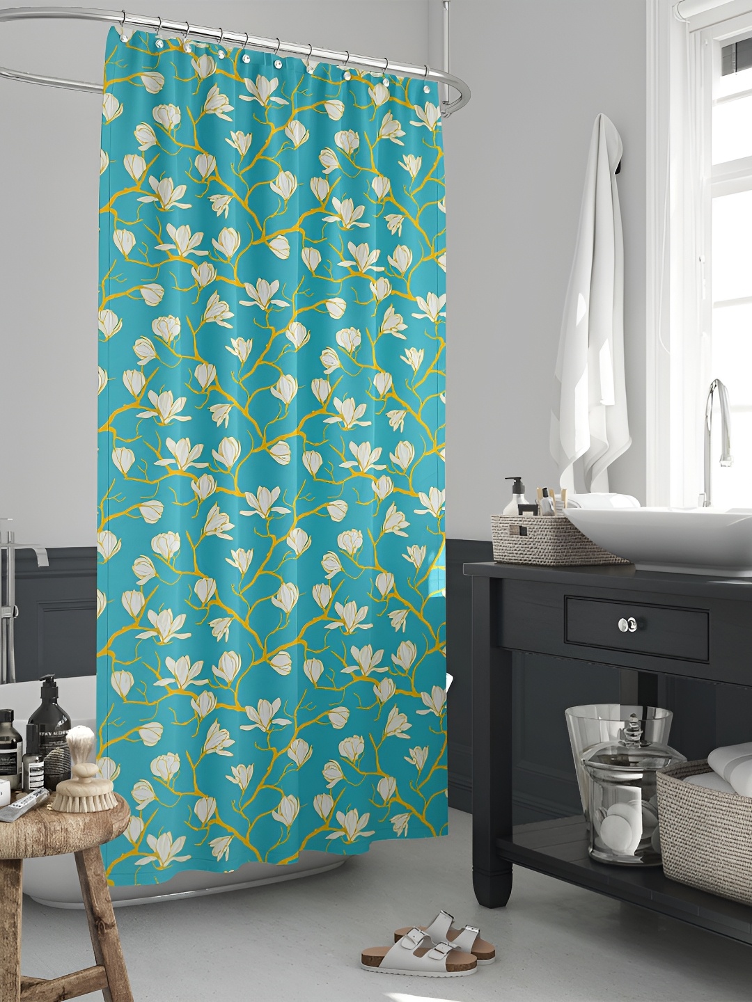 

ArtzFolio Teal Blue & White Floral Printed Waterproof Shower Curtain