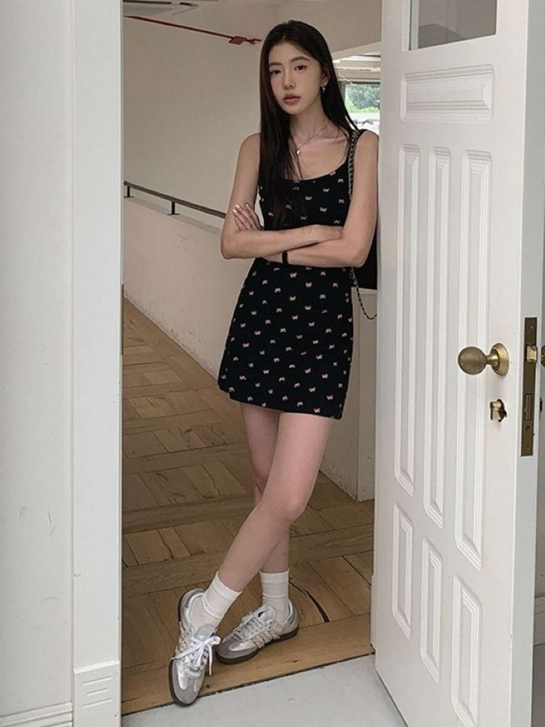 

KPOP Women Printed Shoulder Straps Bodycon Casual Dress, Black