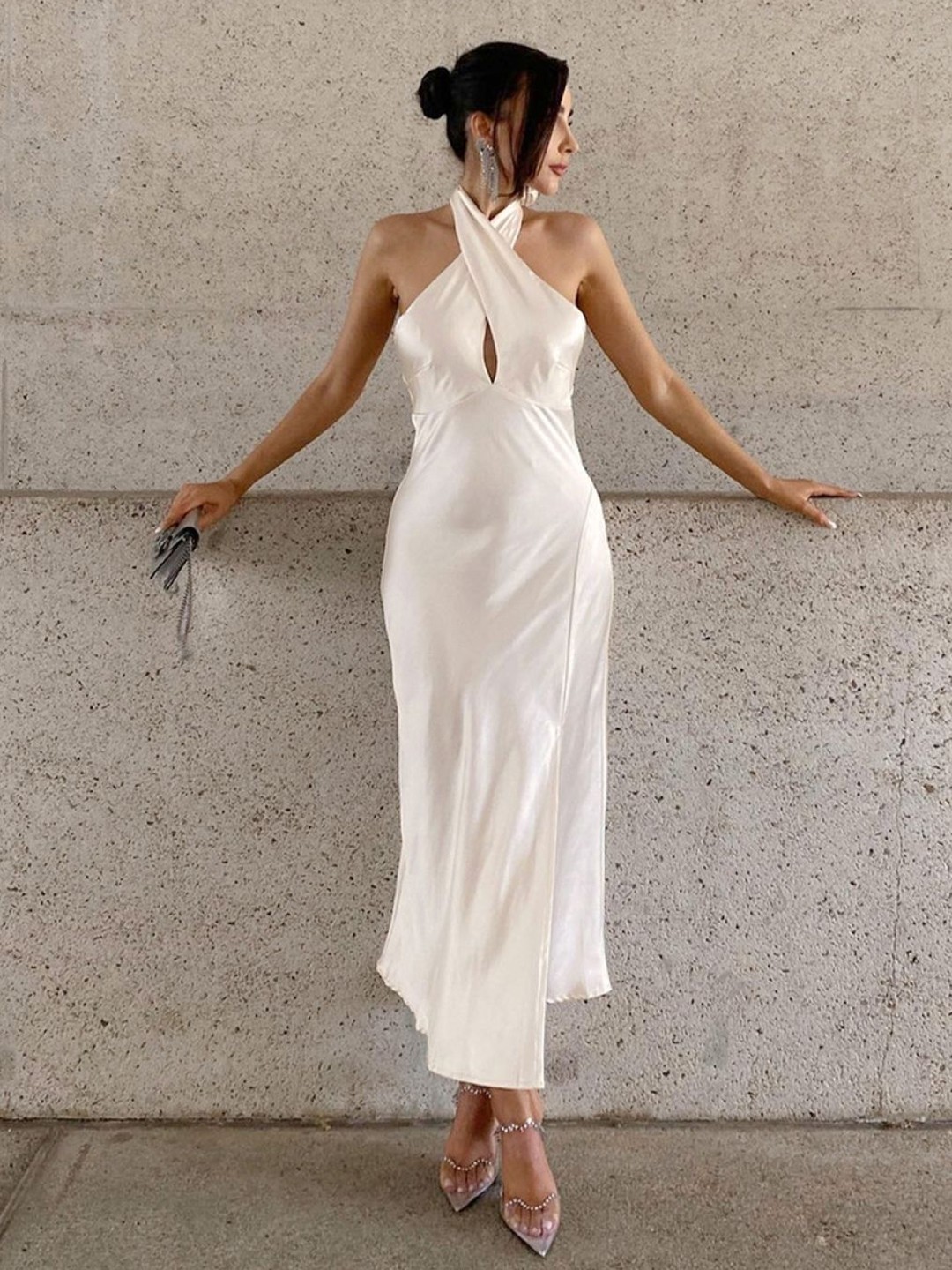 

StyleCast Halter Neck Sleeveless Backless Sheath Maxi Dress, White