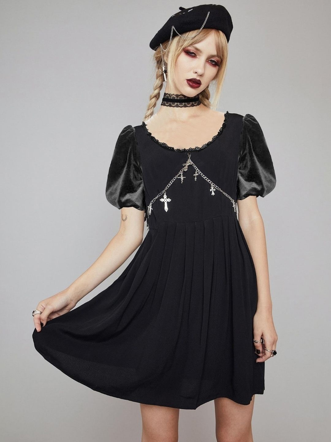 

KPOP Women Round Neck Puff Sleeve Dress, Black