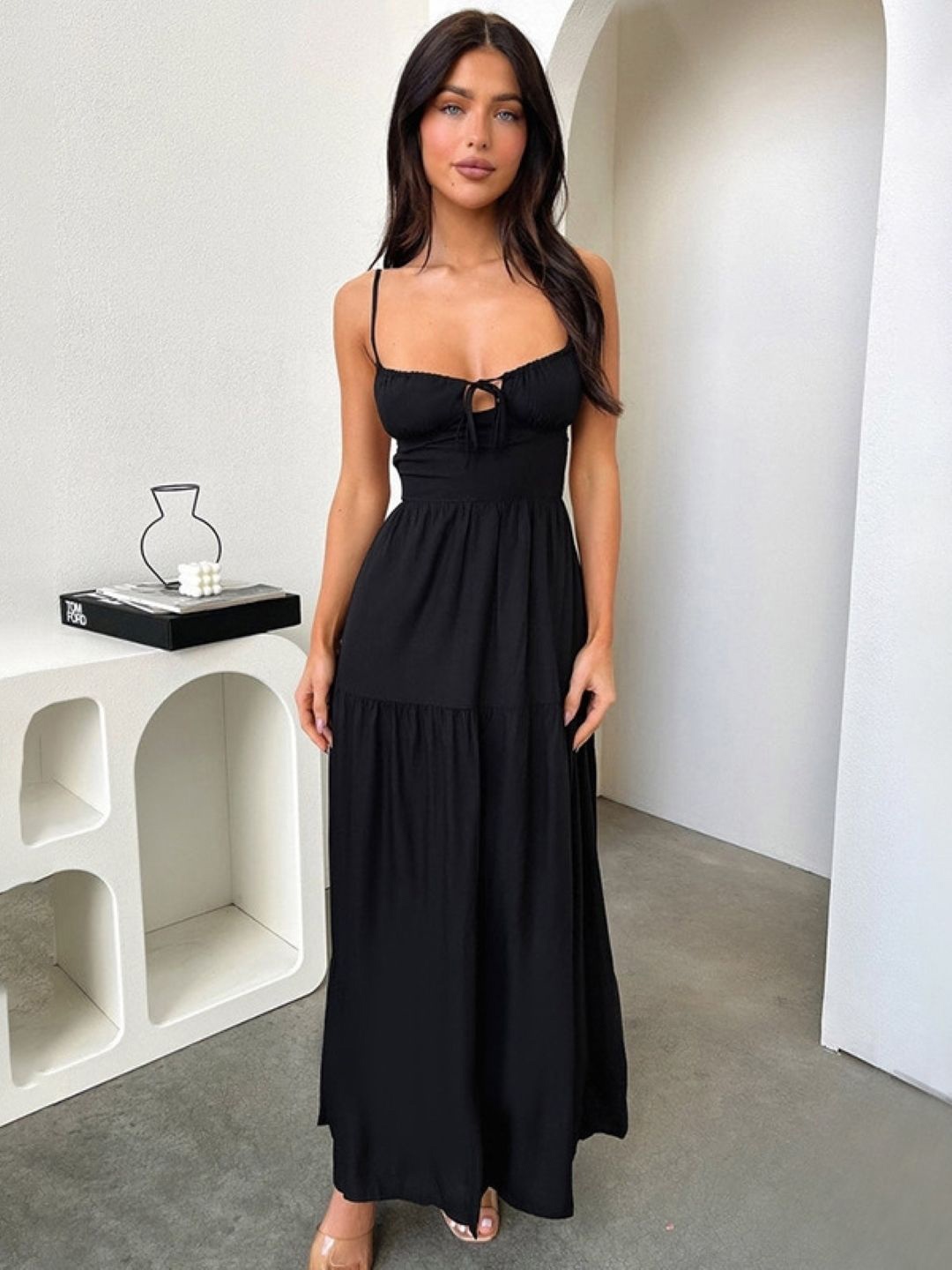 

KPOP Women Shoulder Straps A-Line Maxi Dress, Black