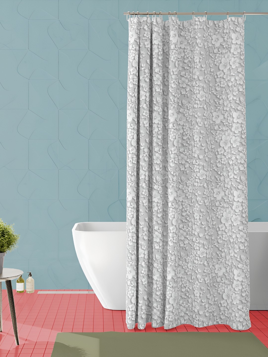 

ArtzFolio White & Grey Floral Printed Waterproof Shower Curtain