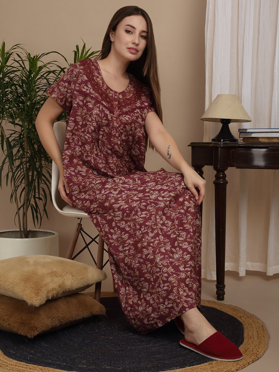 

Sweet Dreams Women Printed Pure Cotton Maxi Nightdress, Maroon