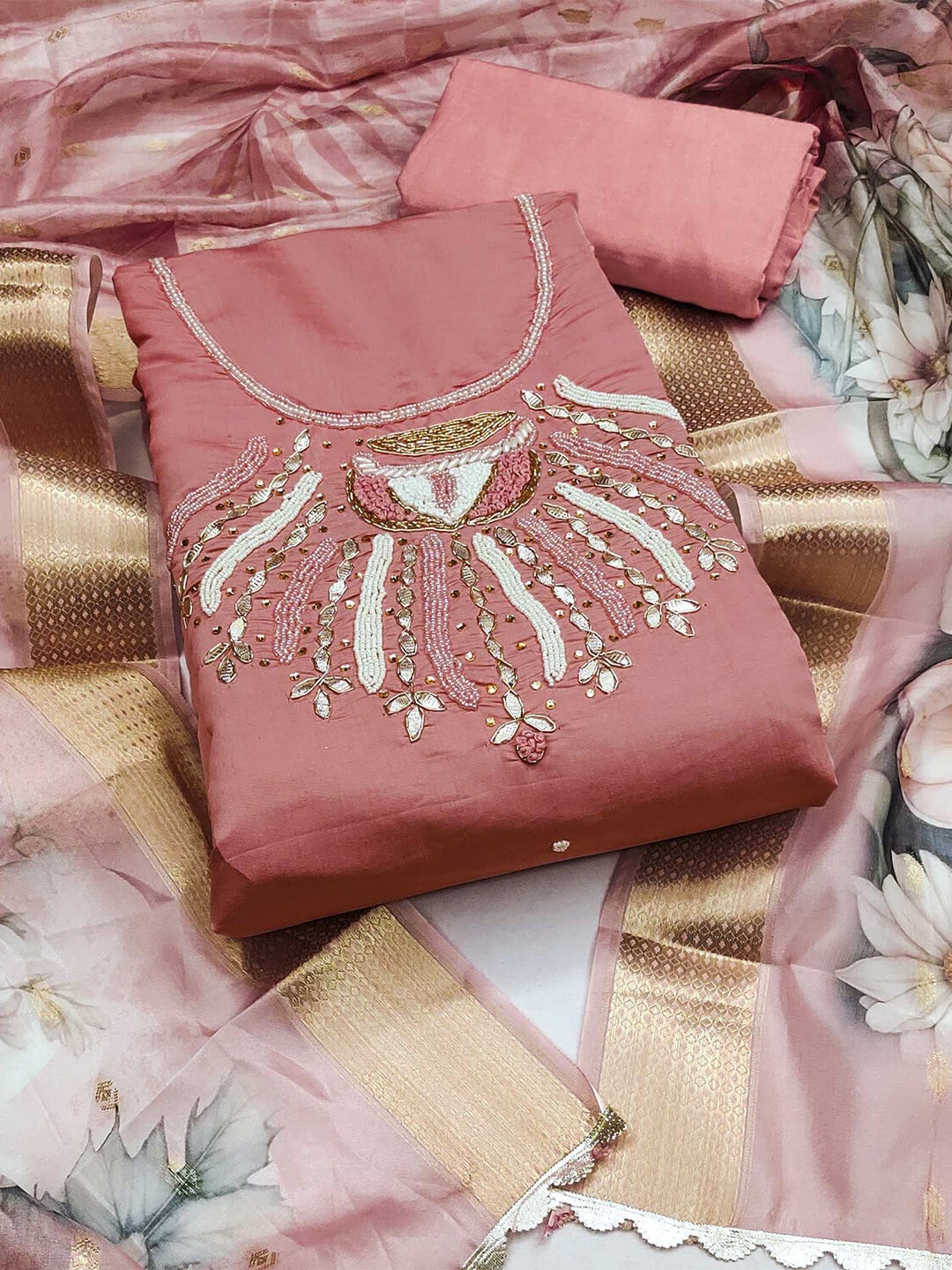 

Peachmode Floral Embroidered Beads & Stones Yoke Design Unstitched Dress Material, Peach