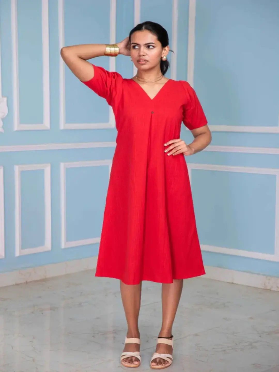 

THE SAFFRON SAGA Women Flutter Sleeve A-Line Midi Dress, Red