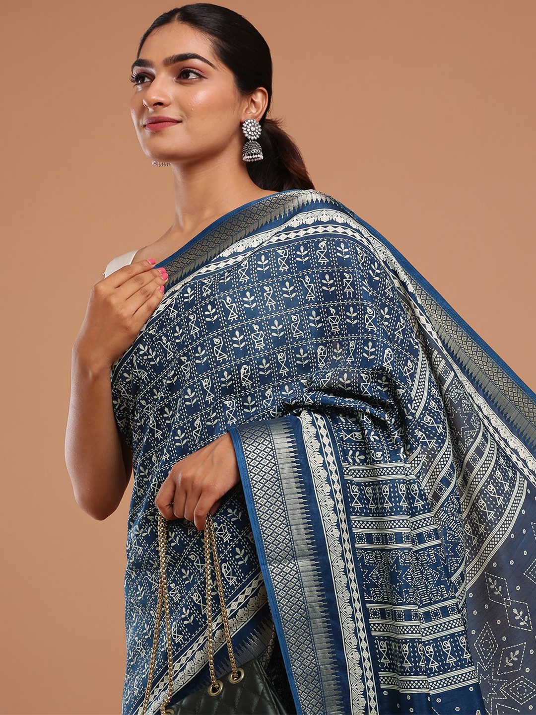 

Kalyan Silks Ethnic Motifs Printed Zari Block Print Saree, Navy blue