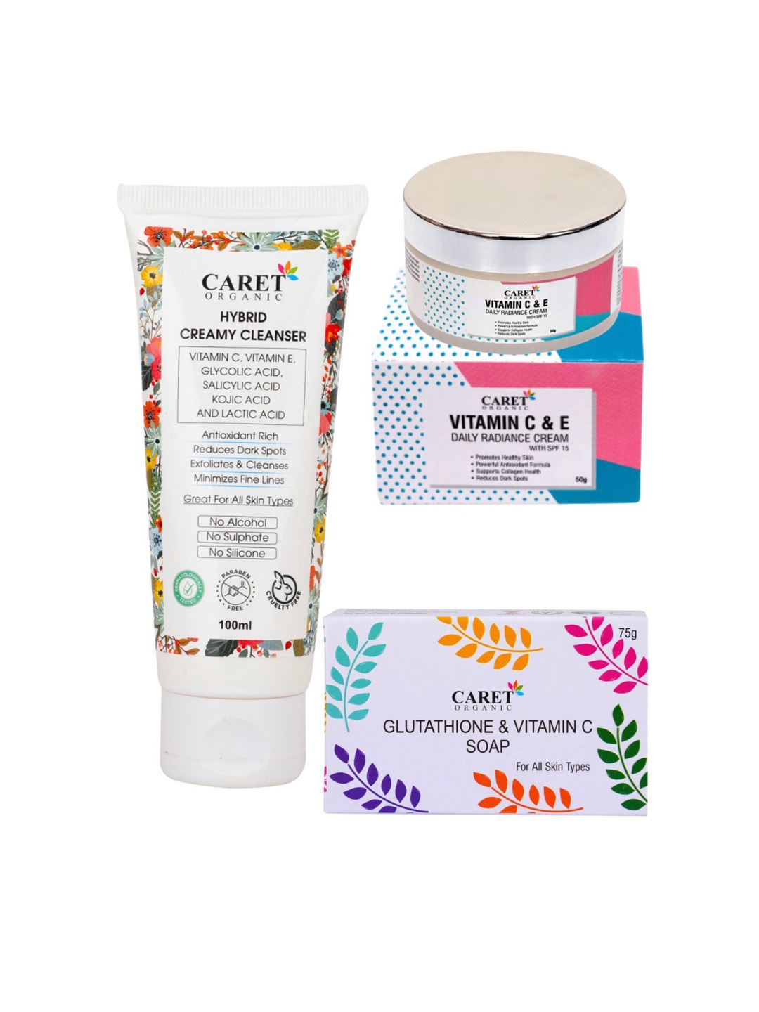 

CARET ORGANIC Hybrid Creamy Cleanser, Vitamin C Cream & Glutathione Cream, White