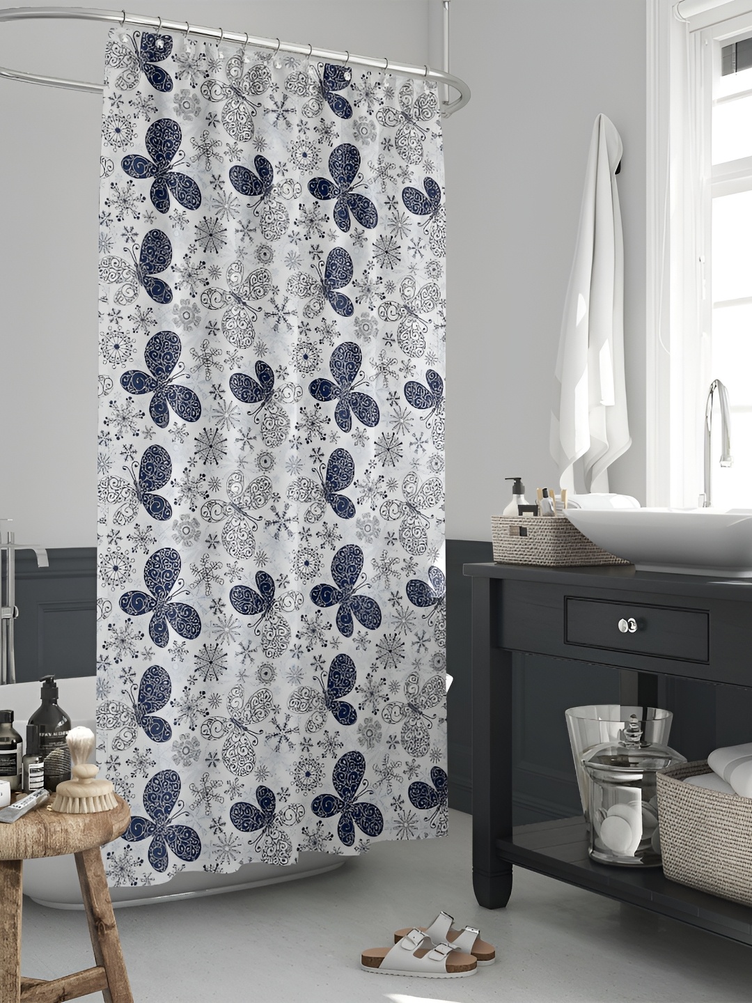 

ArtzFolio White & Navy Blue Butterflies Printed Waterproof Shower Curtain