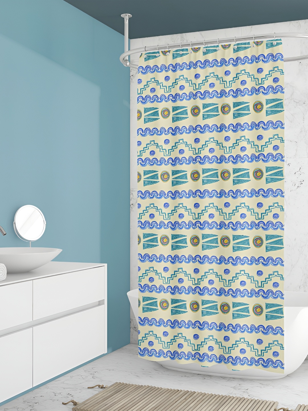 

ArtzFolio Cream-Coloured & Blue Geometric Printed Waterproof Shower Curtain