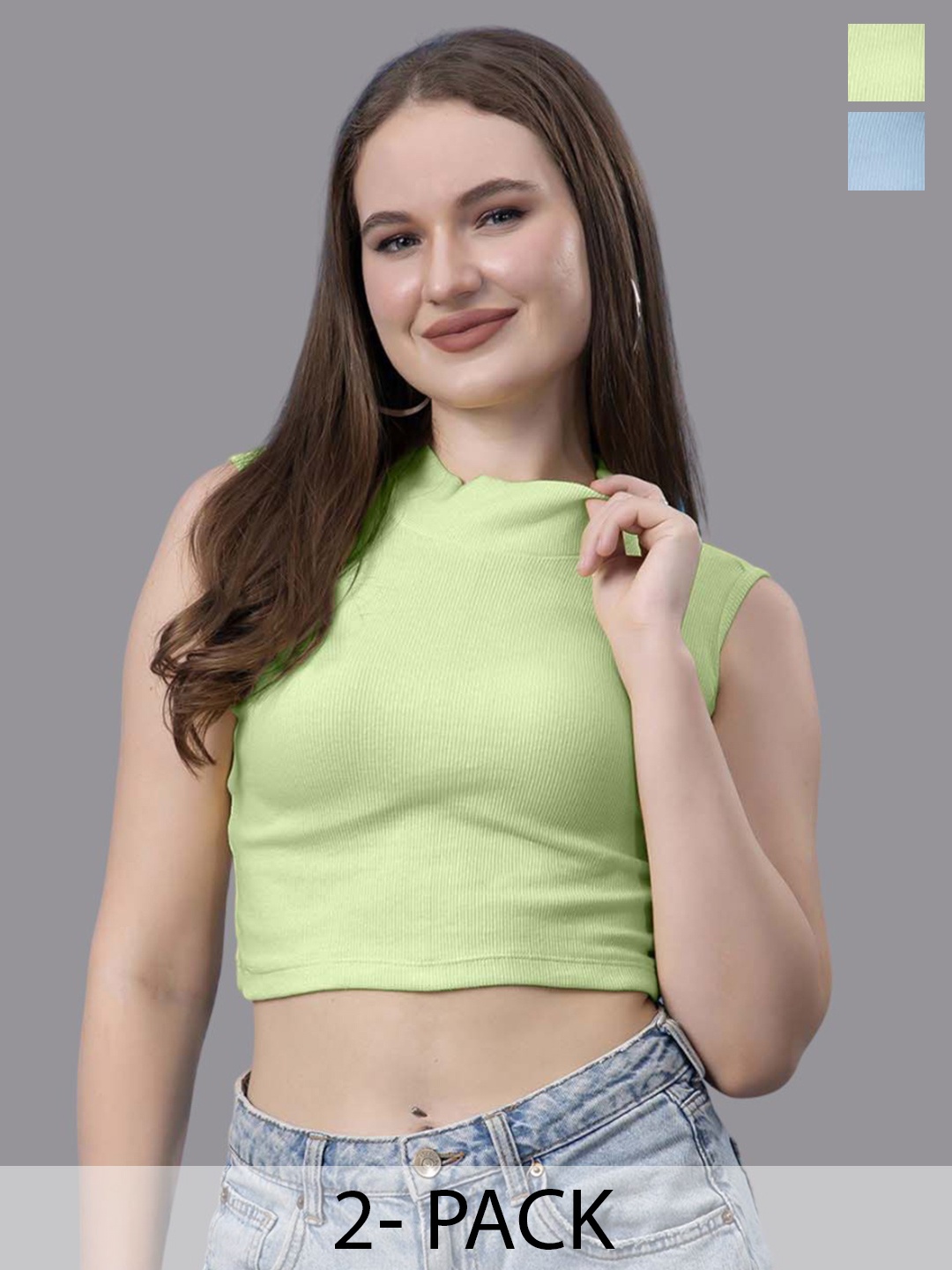 

Friskers Women Pack of 2 Cotton High Neck Sleeveless Crop Top, Turquoise blue